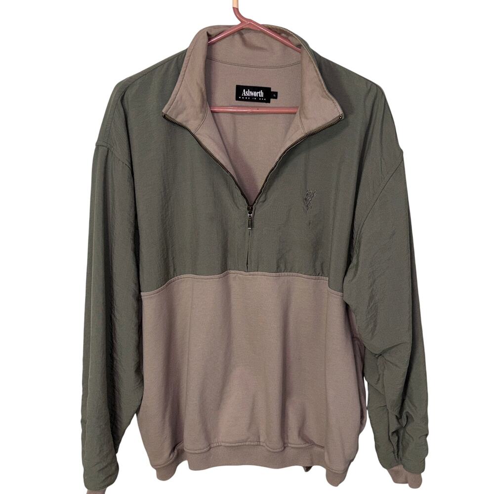Ashworth Sweatshirt Mens Large Green Brown Colorblock 1/4 Zip Pullover USA Made